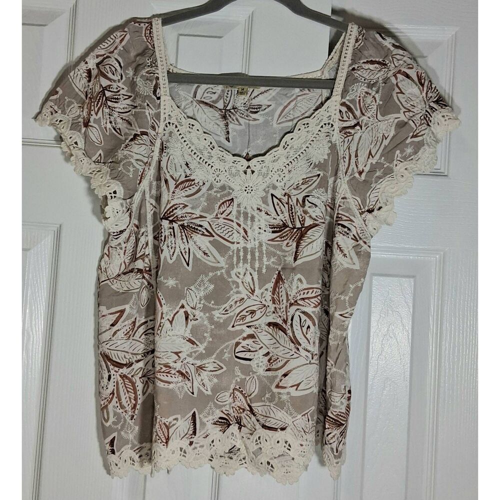 Democracy womens medium full embroidery top tan beige boho blouse peasant brown